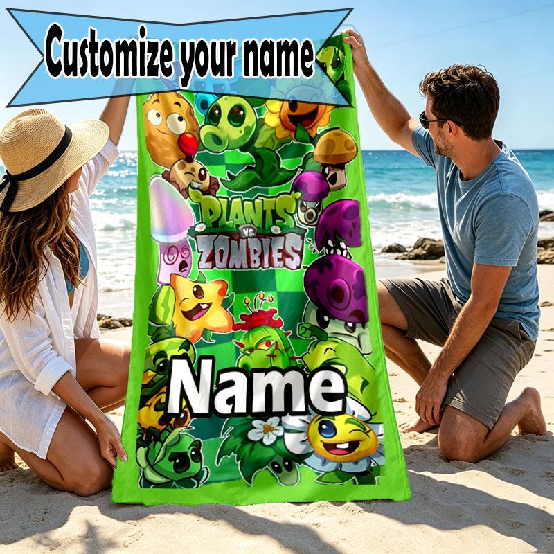 Custom Name Personalized Plants vs. Zombies Print Beach Towel, for Trip Camping Beach Party Home Decor, Birthday Gift for Family & Friends