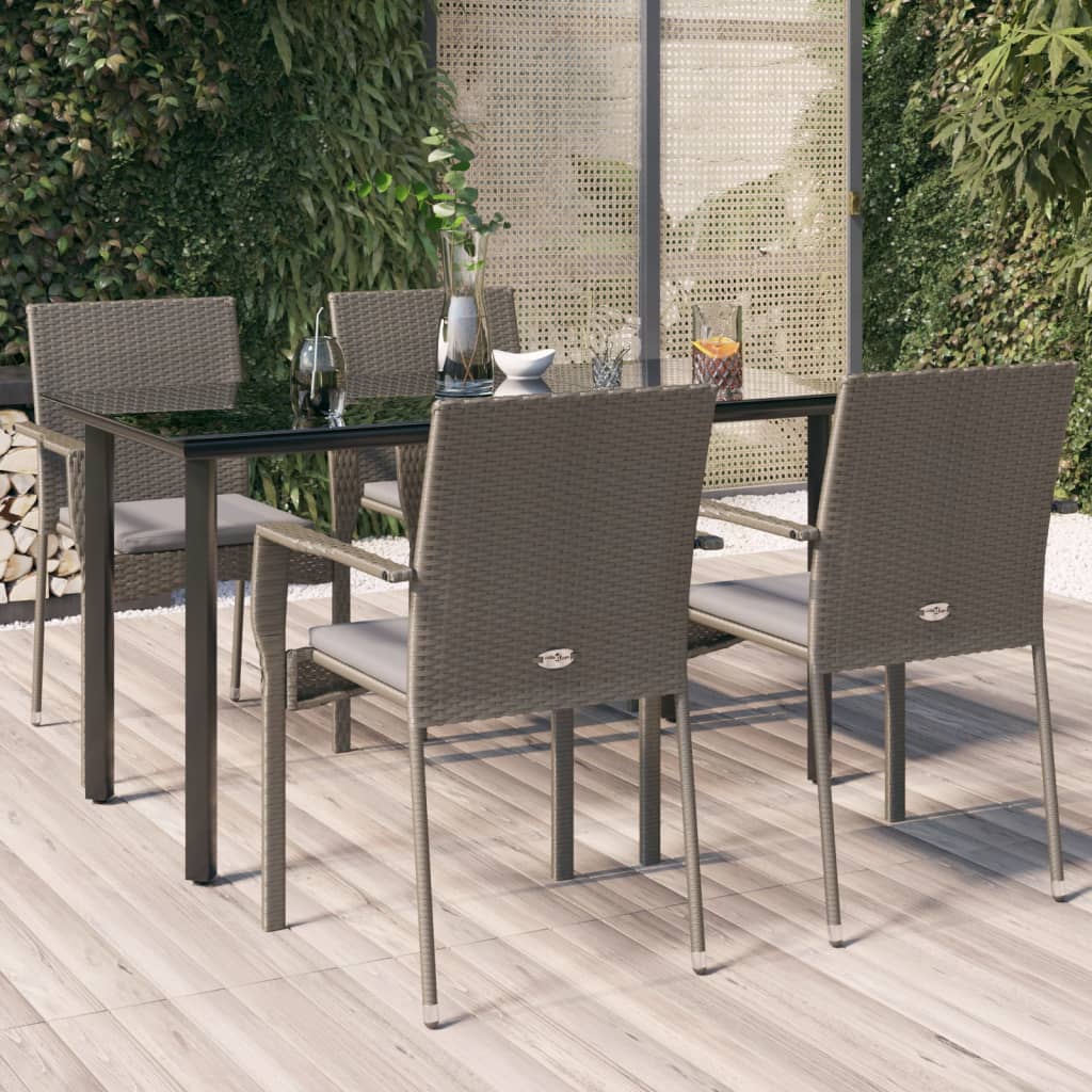 5 Piece Garden Dining Set with Cushions Black and Gray Poly Rattan