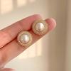 Korean Style Round Pearl Stud Earrings - S925 Silver, White, Retro, Versatile, Elegant