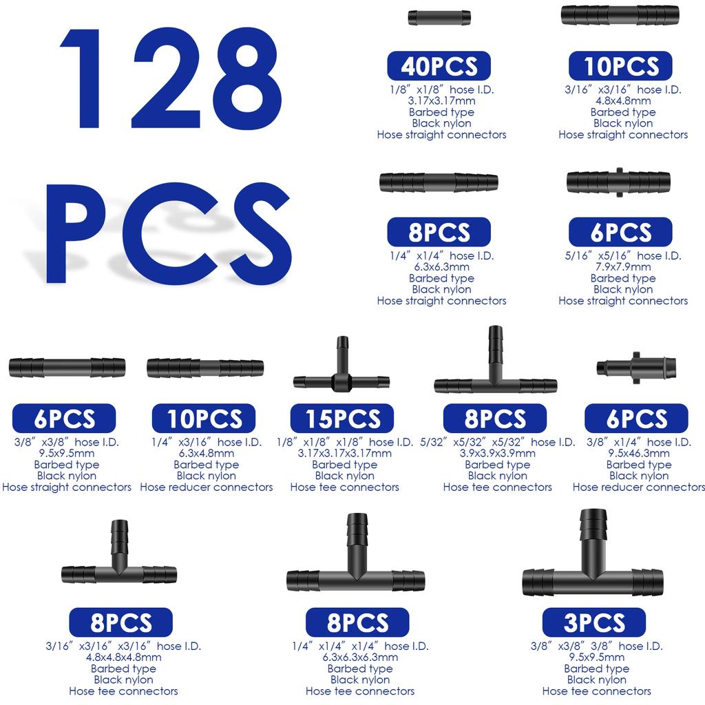 128Pcs Vacuum Connector Assortment Plastic Hose Joiner Tee Water Spray Pipe Joints Plastic Straight T Piece Connectors for Car