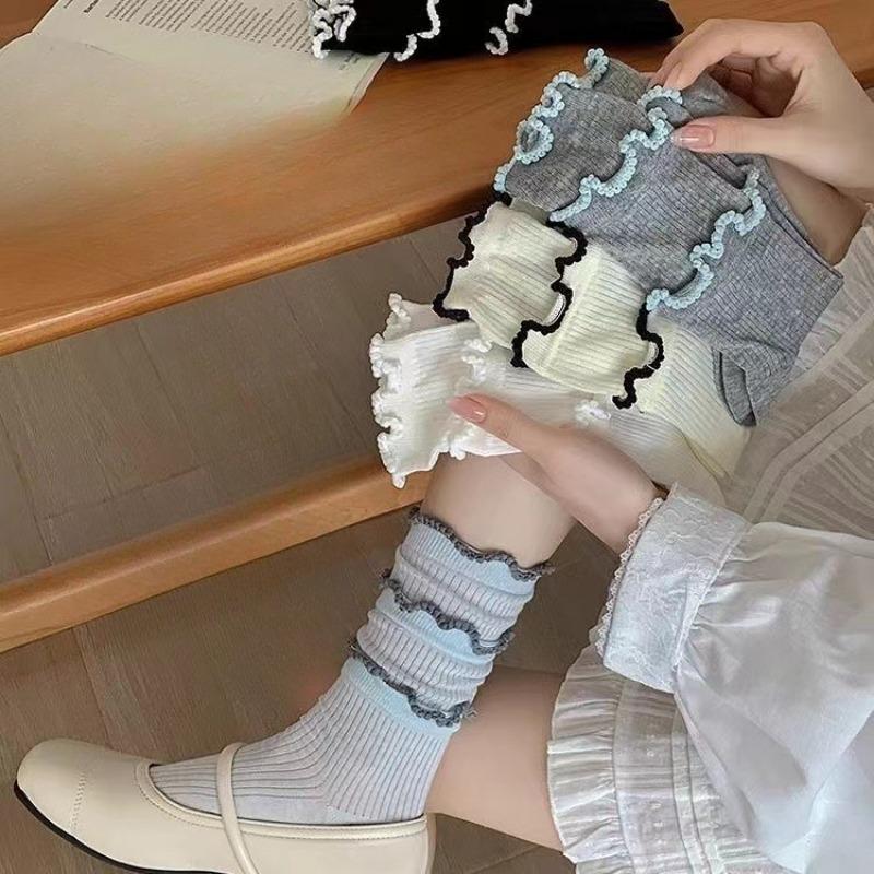 Женские тонкие модные носки с кружевом, однотонные, со швом, с вертикальным рубчиком, бесшовные, до середины икры