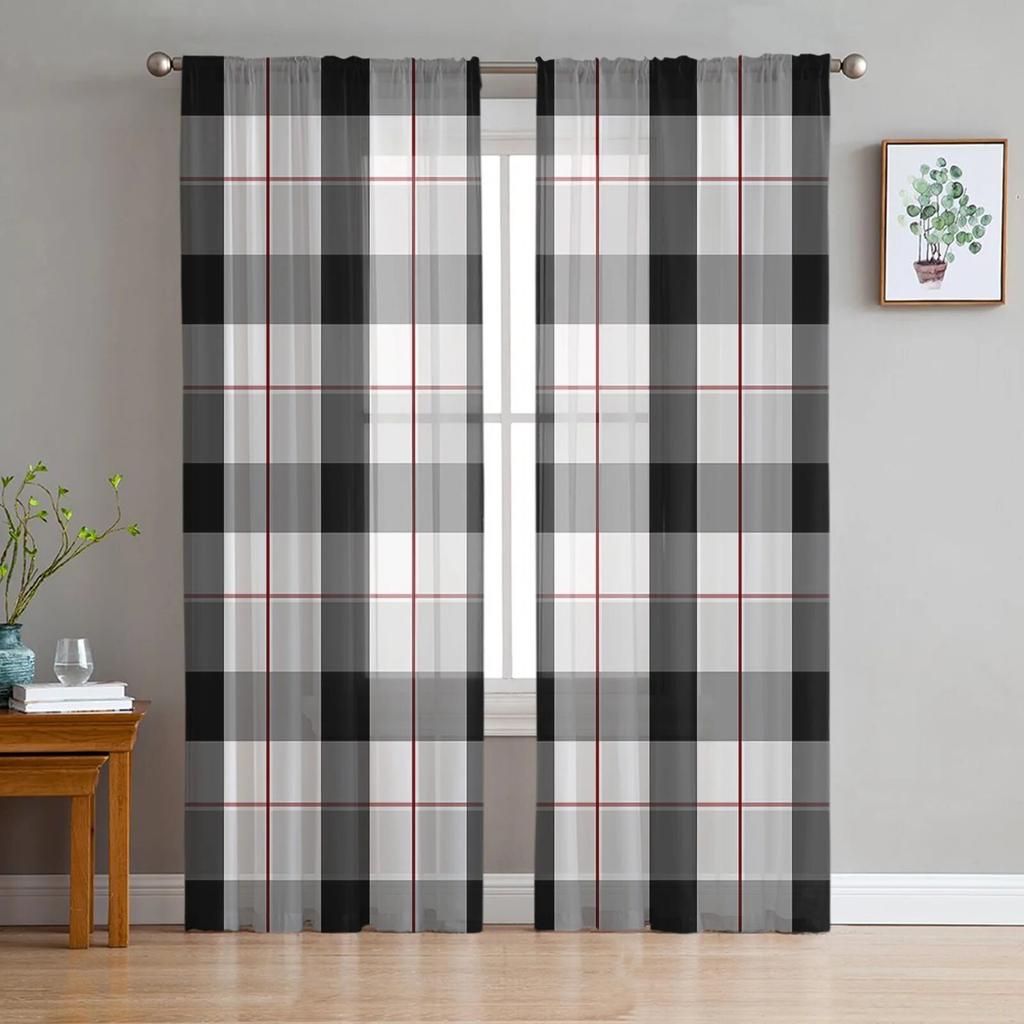 Black Grey Plaid Tulle Curtains For Living Room Bedroom Modern Chiffon Sheer Kitchen Curtains
