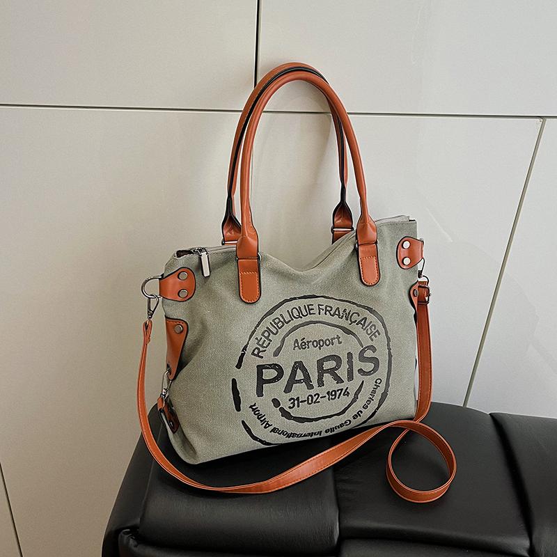 Большая сумка-тоут из ретро-холща - регулируемый плечевой ремень с принтом винтажных парижских штампов - стильная сумка через плечо для женщин