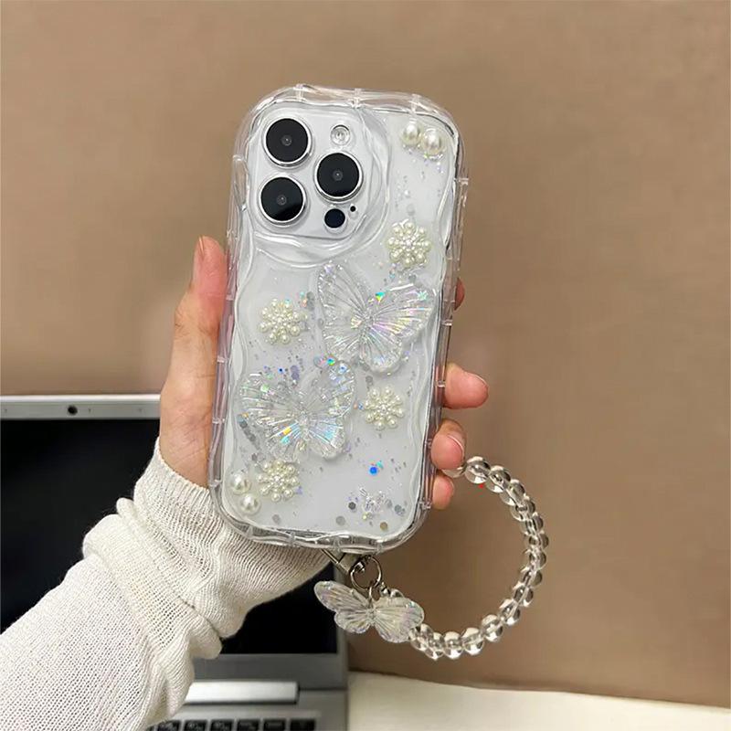 Laser Butterfly Pearl Flower Phone Case for IPhone17 Promax Full Pack Anti Drop for Apple 16 Handheld Rope
