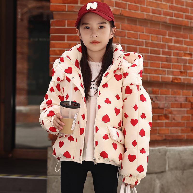 Winter Girls Love Fashion Hooded Down Jacket Girls Parent-child Down Jacket Floral Top Coat