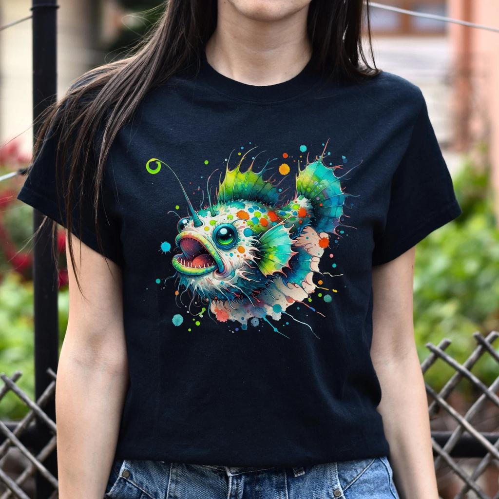 Artistic Anglerfish deep fish Color Splash Unisex T-shirt Black Navy Dark Heathe