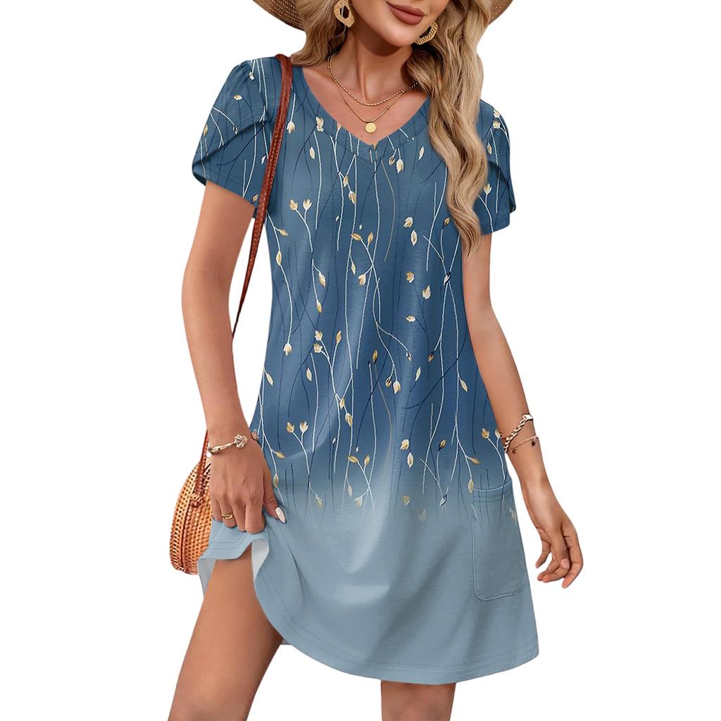 Женское летнее модное свободное платье с V-образным вырезом и коротким рукавом с цветочным принтом Пляжные платья