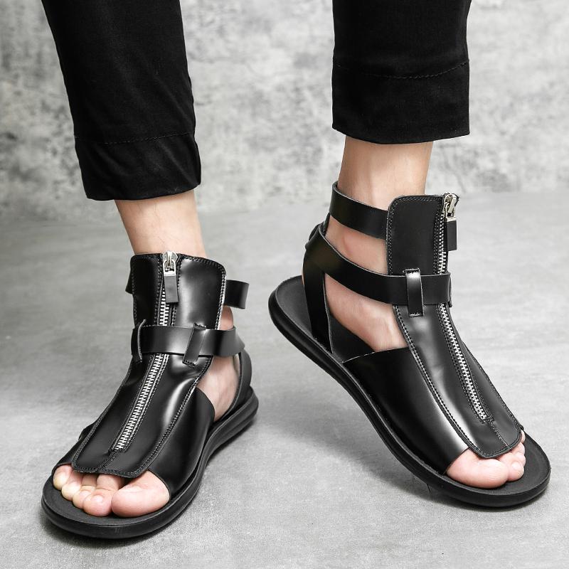 2024 Summer New Men's Fashion High Top Sandals Versatile Men's Roman Sandals Casual Lace Up Zipper Sandals Men Shoes Size 45