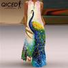 Summer Women's Sleeveless Long V-Neck Printed Jade Flower Dresses