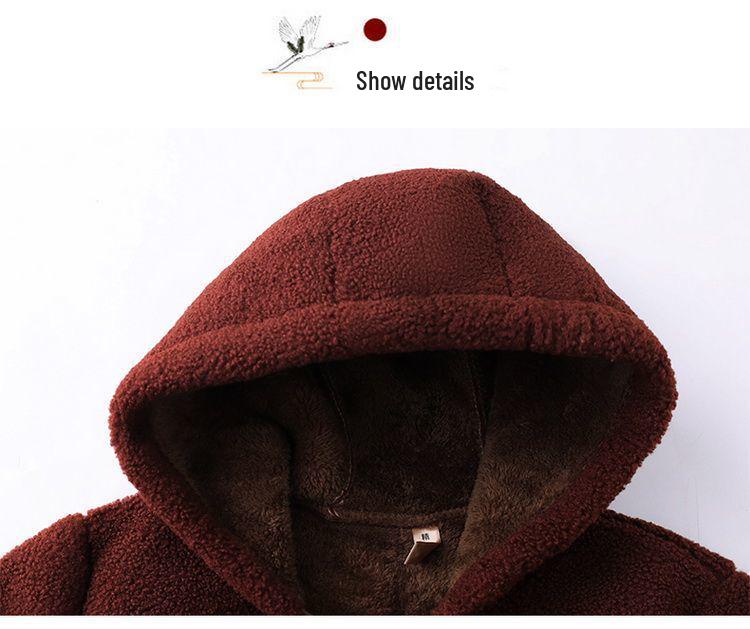 Mom's Plus Size Hooded Fleece-Lined Winter Coat for Middle-Aged and Elderly Women - Lambswool Padded Jacket