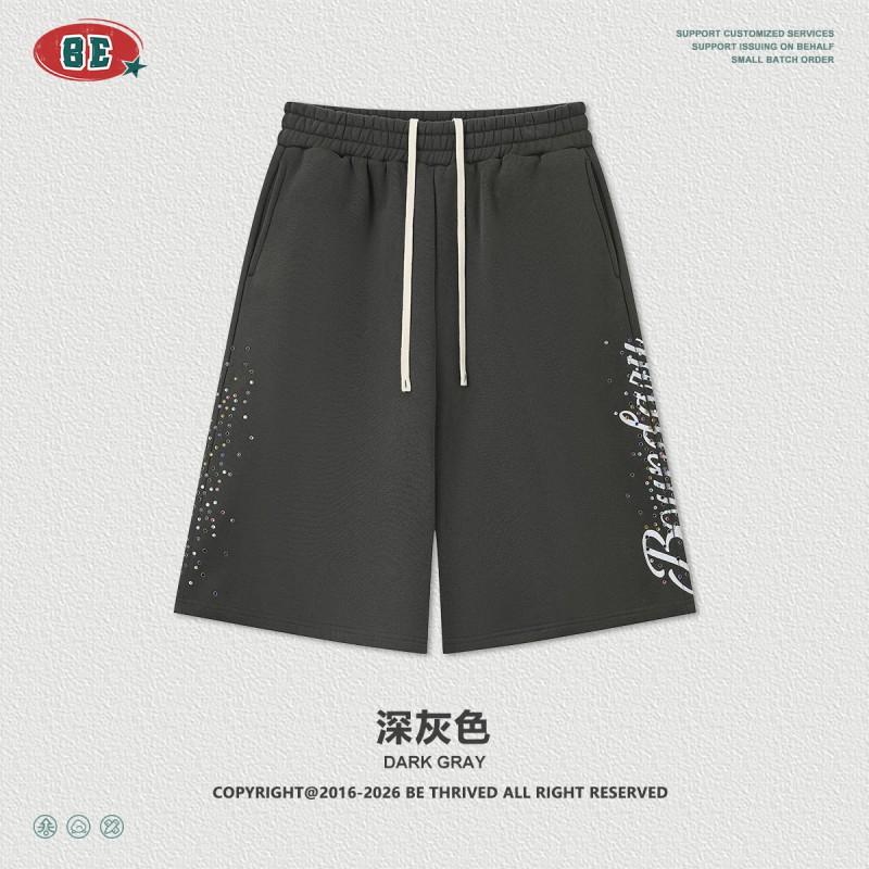 BE Mens Retro Streetwear Heavyweight Baggy 6-Point Shorts With Rhinestone Side Print