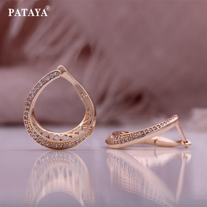 PATAYA Круглые женские серьги из розового золота с белым искусственным цирконом в итальянской технике микроинкрустации