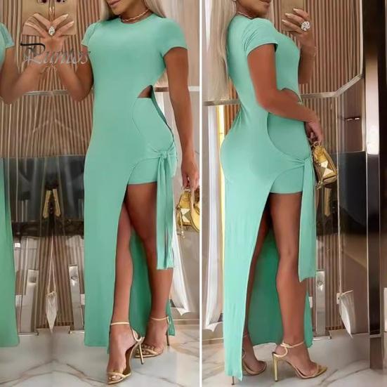 Женское сексуальное платье макси, комплект с коротким рукавом, круглым вырезом, боковым разрезом, облегающее платье с коротким летним костюмом для вечеринок, повседневных клубов
