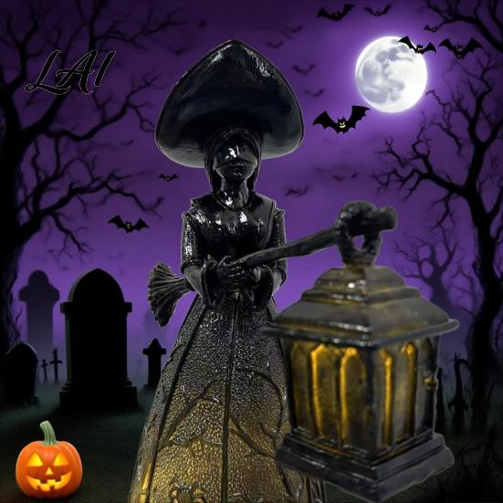 Halloween Atmosphere Lamp Witch Decoration Gothic Holding Lantern Light Festive Figurine Battery Powered Decorative for Home Office Porch Light