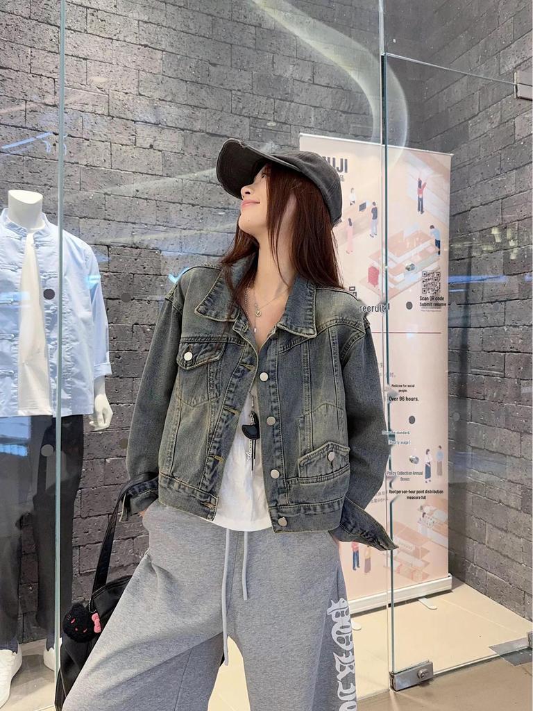 Женская куртка-поло из выстиранного денима в стиле ретро Гонконг - Универсальная короткая куртка свободного кроя на весну/осень