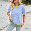 Женская мода весна-лето повседневный полосатый подходящие цвета круглый вырез трикотажный короткий рукав джемпер топ
