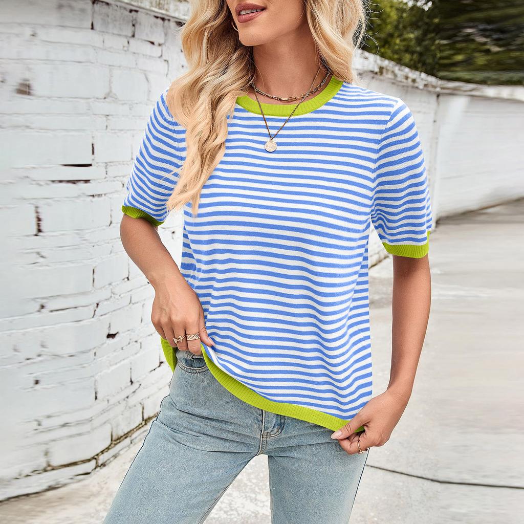 Женская мода весна-лето повседневный полосатый подходящие цвета круглый вырез трикотажный короткий рукав джемпер топ