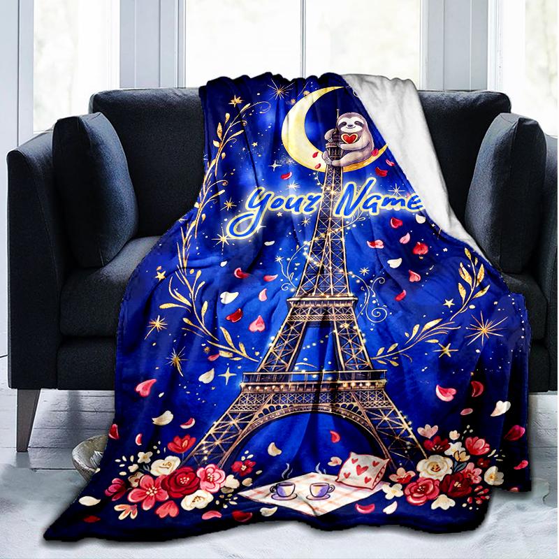 1PC Custom Name Moonlit Eiffel Tower Romance flannel blanket versatile,all-season throw suitable for the living room,bedroom,camping,travel,and gift