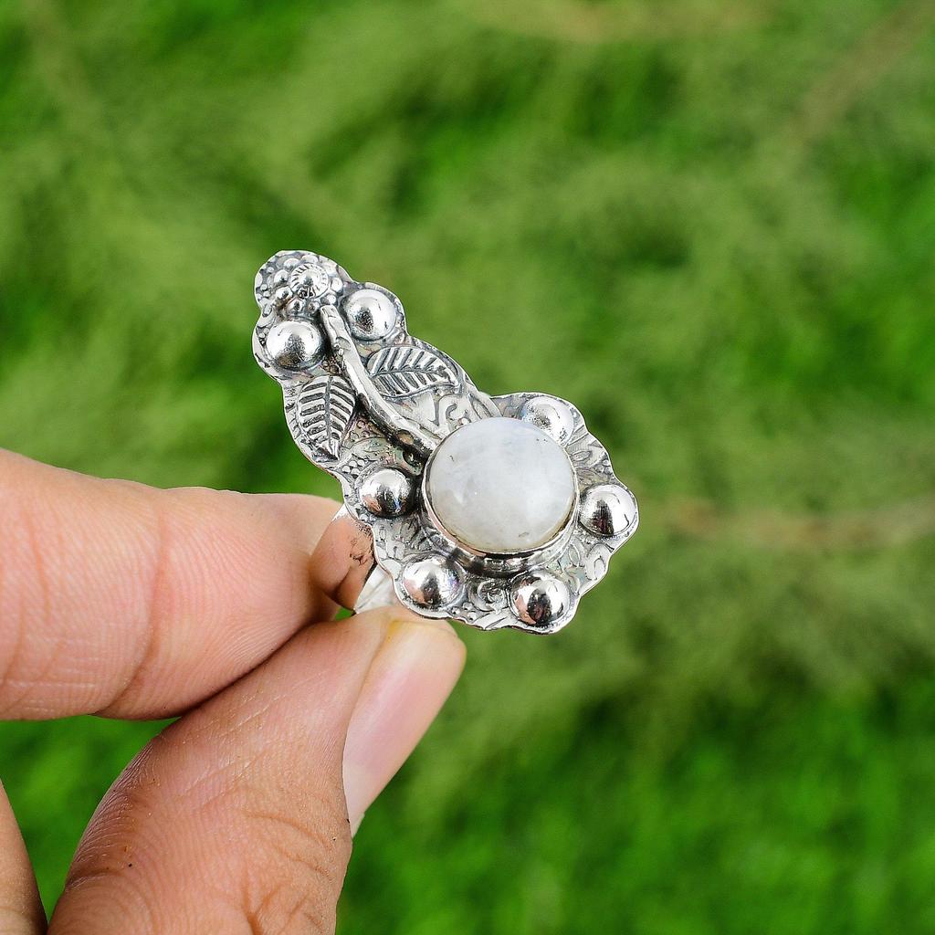 925 Silver Round Natural Rainbow Moonstone Sister Flower Crown Chakra Boho Ring