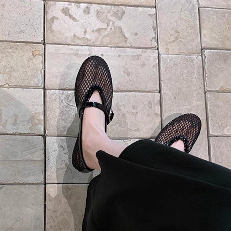 Версия из овчины~ Кожаные сандалии из полой сетки, женские летние сандалии с пряжкой в одно слово, с круглым носком, плоским дном, неглубоким горлом, одинарные туфли Мэри Джейн