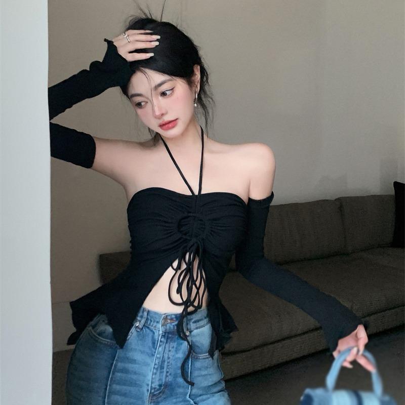 Женский топ халтер, облегающий, укороченный, повседневная футболка, футболка с длинным рукавом, для тренировок, для йоги, базовая футболка