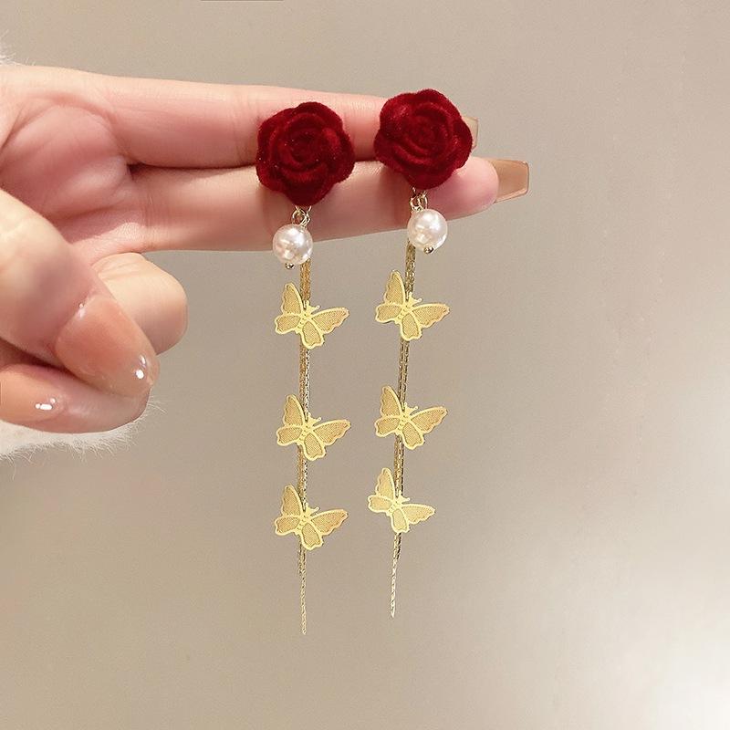 New red flower long butterfly fringed earrings female, silver needle light luxury temperament earrings earrings