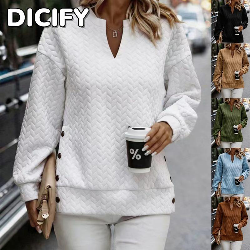 DICFY Women's Fashion Casual Solid Color Print Autumn Winter V-Neck Long Sleeve Hoodie