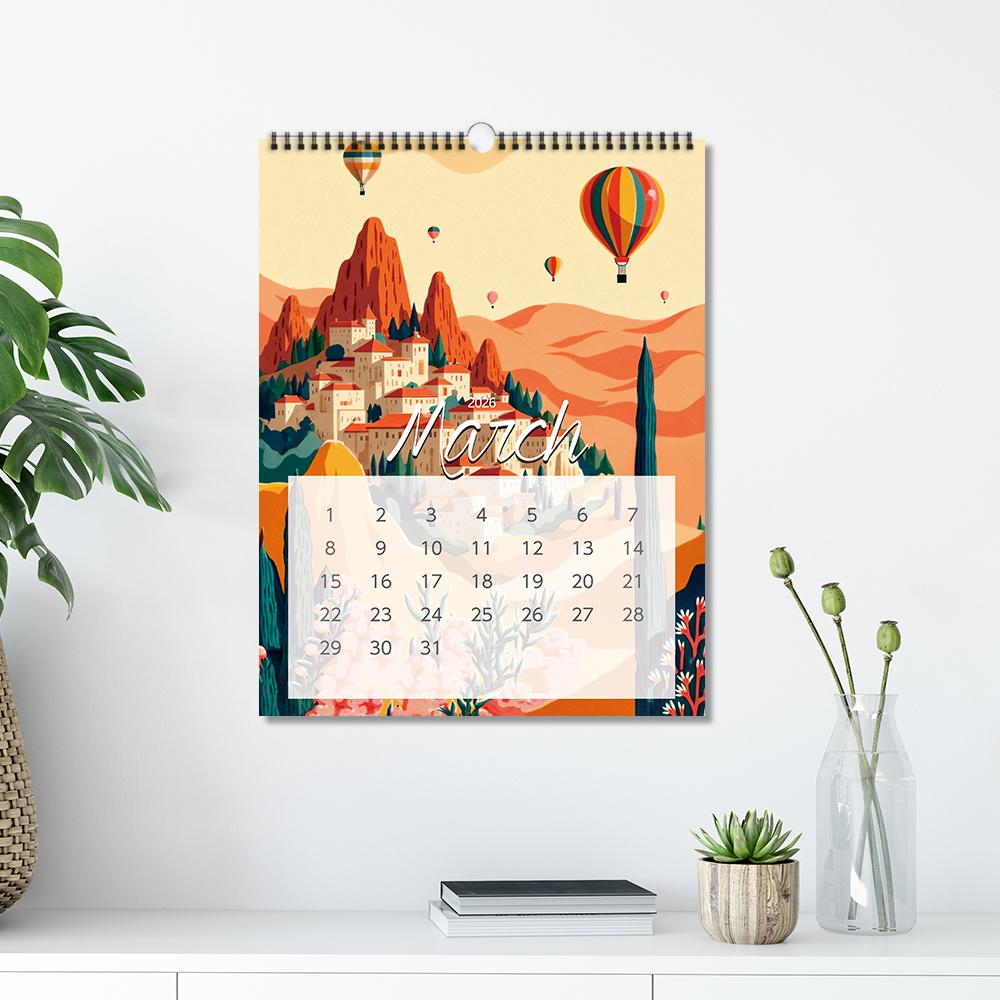 1 шт. 2026 Мультяшный Календарь Настенный с Достопримечательностями - Тема Пейзажей, 12 Разных Дизайнов, Подходит в качестве Подарков на Хэллоуин, Дни рождения