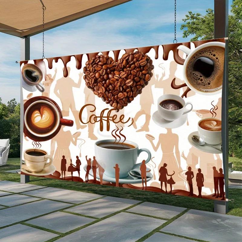 A party banner with a chocolate color background and featuring coffee beans made of polyester material.