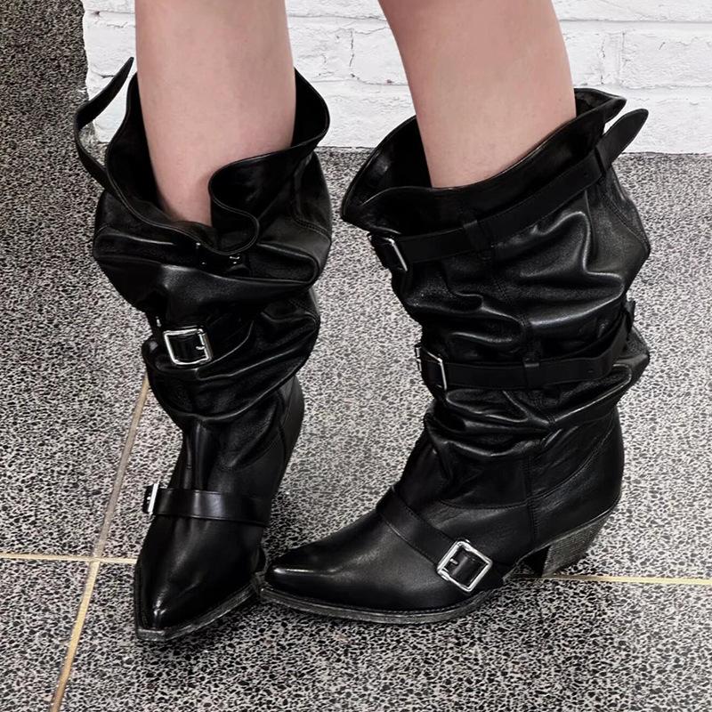 Версия из коровьей кожи~ Европейский и американский стиль Spice Girls, белые остроносые ботфорты на наборном каблуке, женские широкие сапоги-рыцари, длинные сапоги