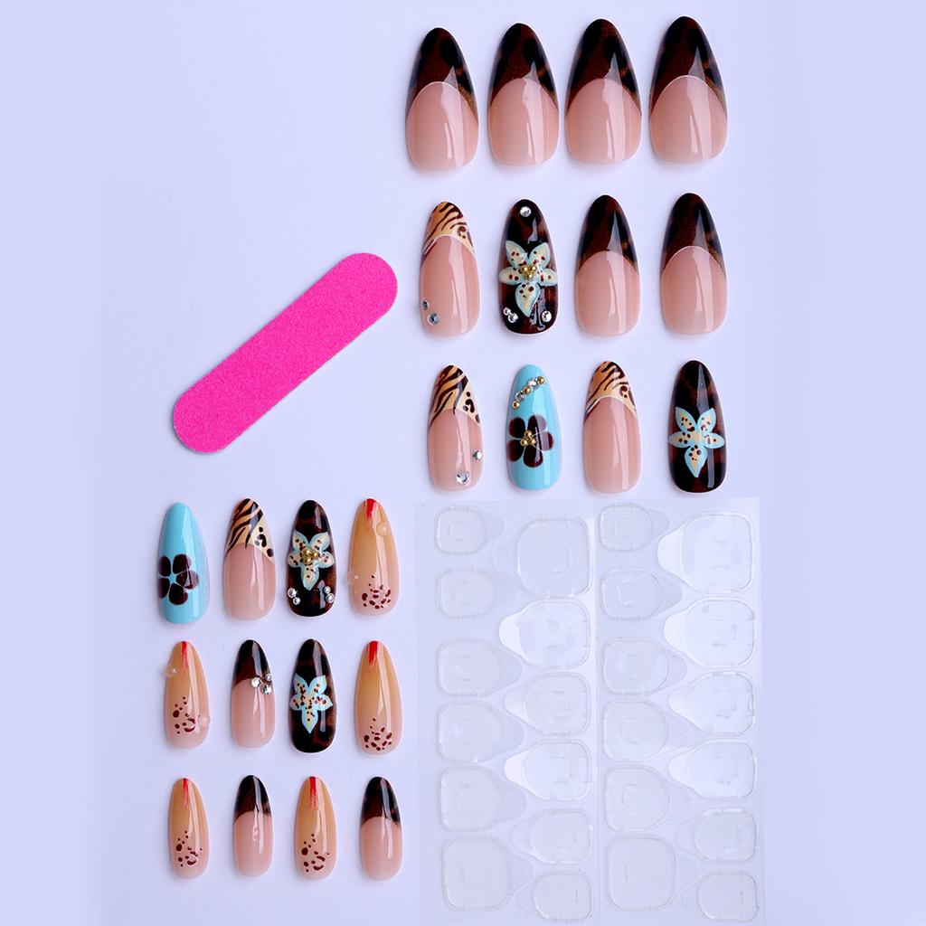 Fresh and sweet almond-shaped French leopard print petal ins press-on nails, 24 pieces of fake nails
