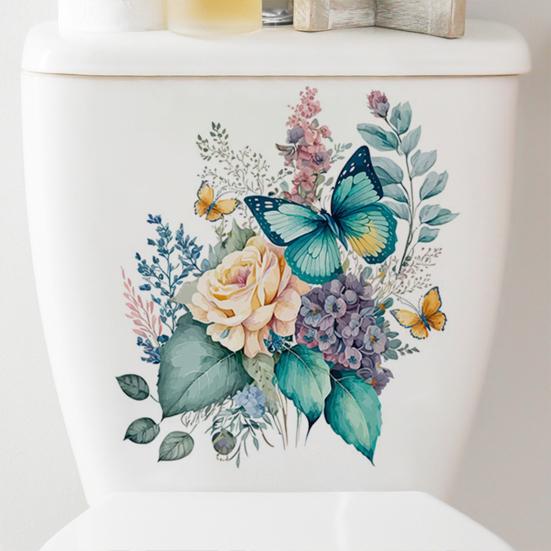 Toilet Stickers Watercolor Floral Peony Butterfly Durable Waterproof Self-Adhesive Wall Sticker for Bathroom Decor