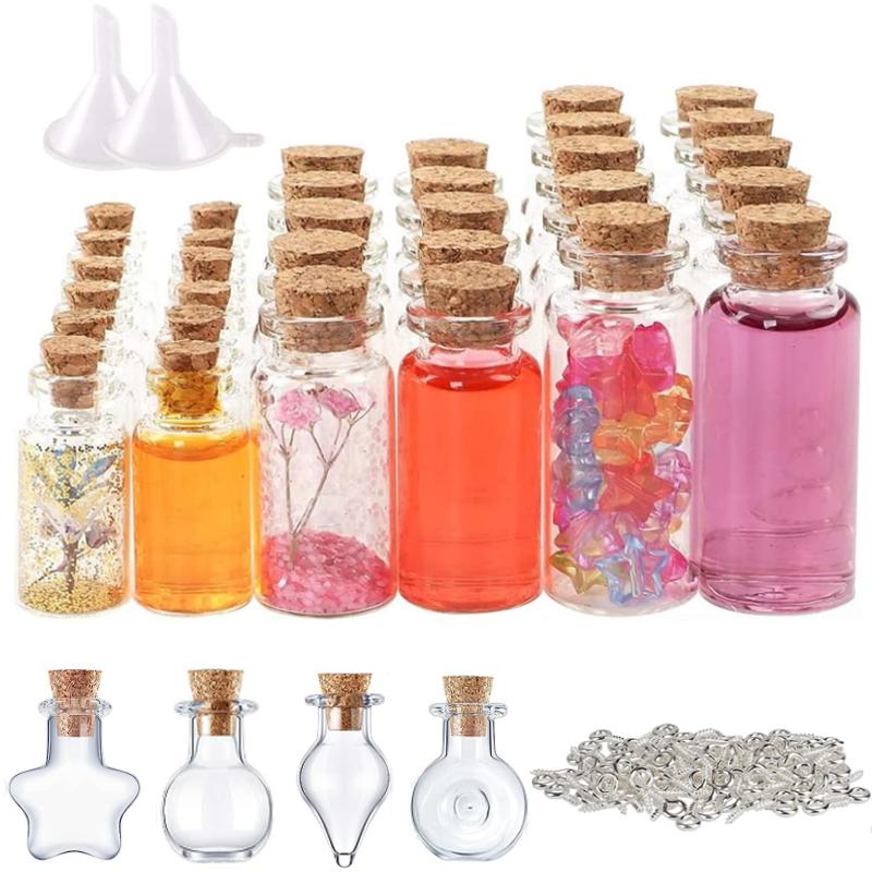 5-10pcs Small Mini Glass Bottles Jars with Cork Stoppers, 100pcs Eye Screws and 1pcs Small Funnels DIY Jewelry Making