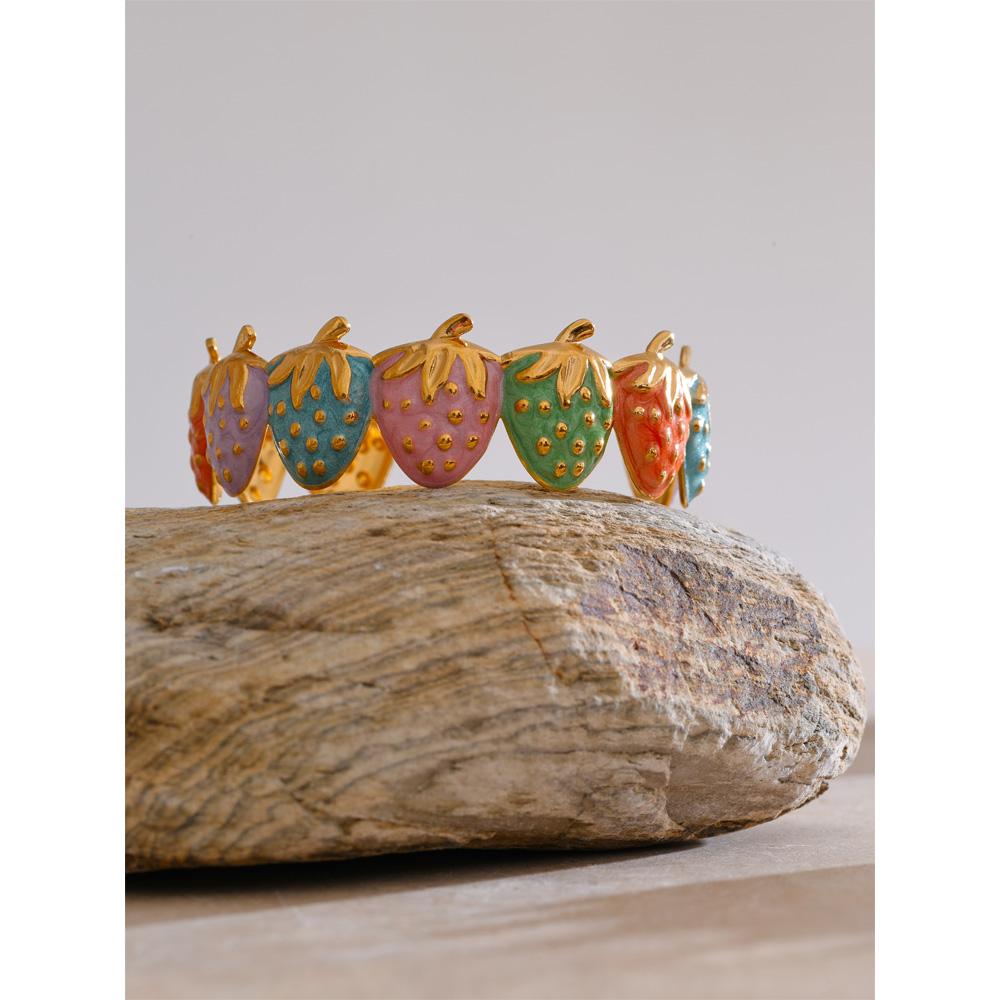 Eetit Красный и разноцветный эмалированный браслет-манжета с открытым концом и клубникой, горячий стиль, из нержавеющей стали, золотистый, ювелирное украшение на запястье с фруктами