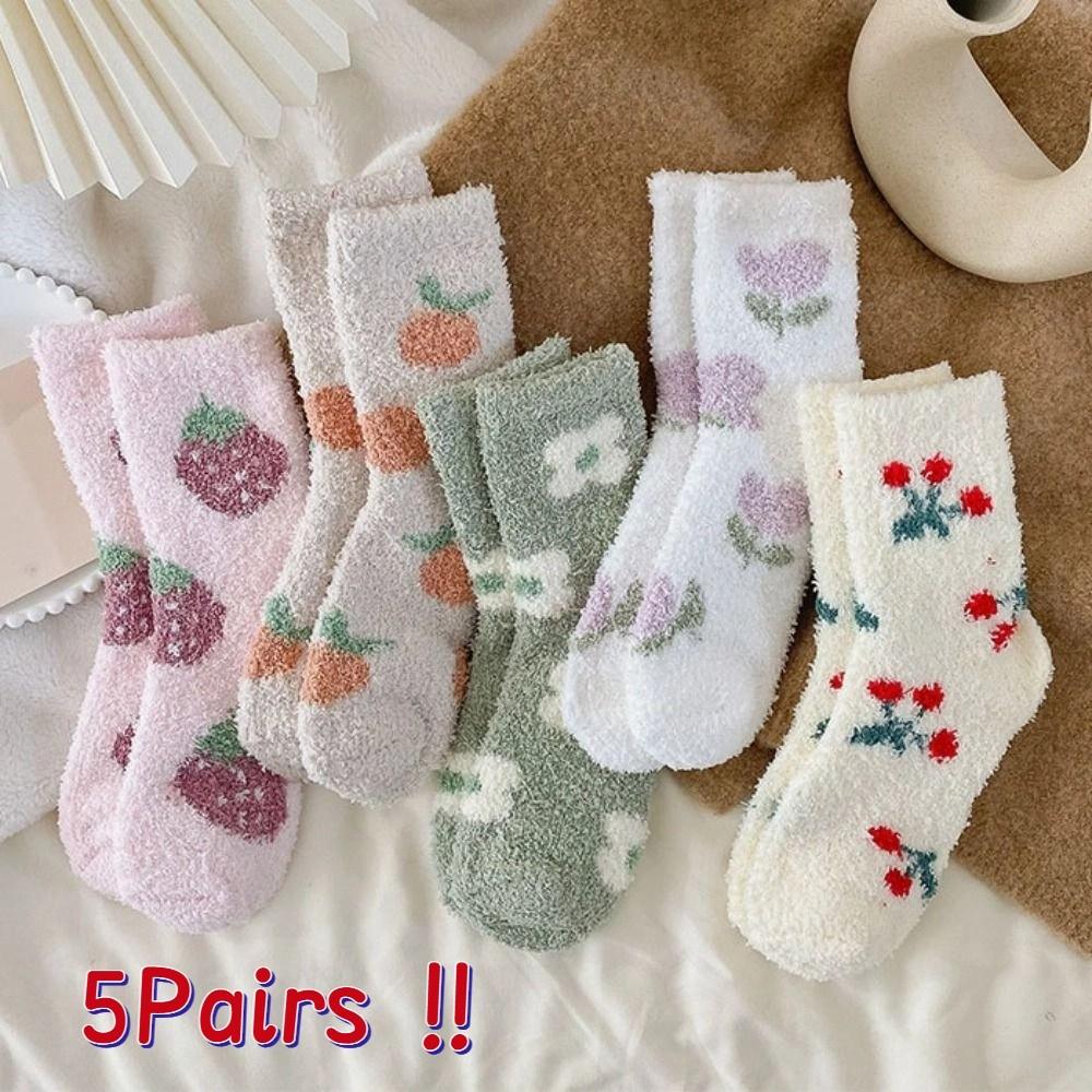Flower Strawberry Floor Plush Socks Thickened Warm Socks Women Cute Coral Fleece Socks  Autumn