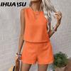 Summer Spring Solid Color Imitation Cotton Linen Sleeveless Vest Shorts Casual Fashion Two Sets for Women