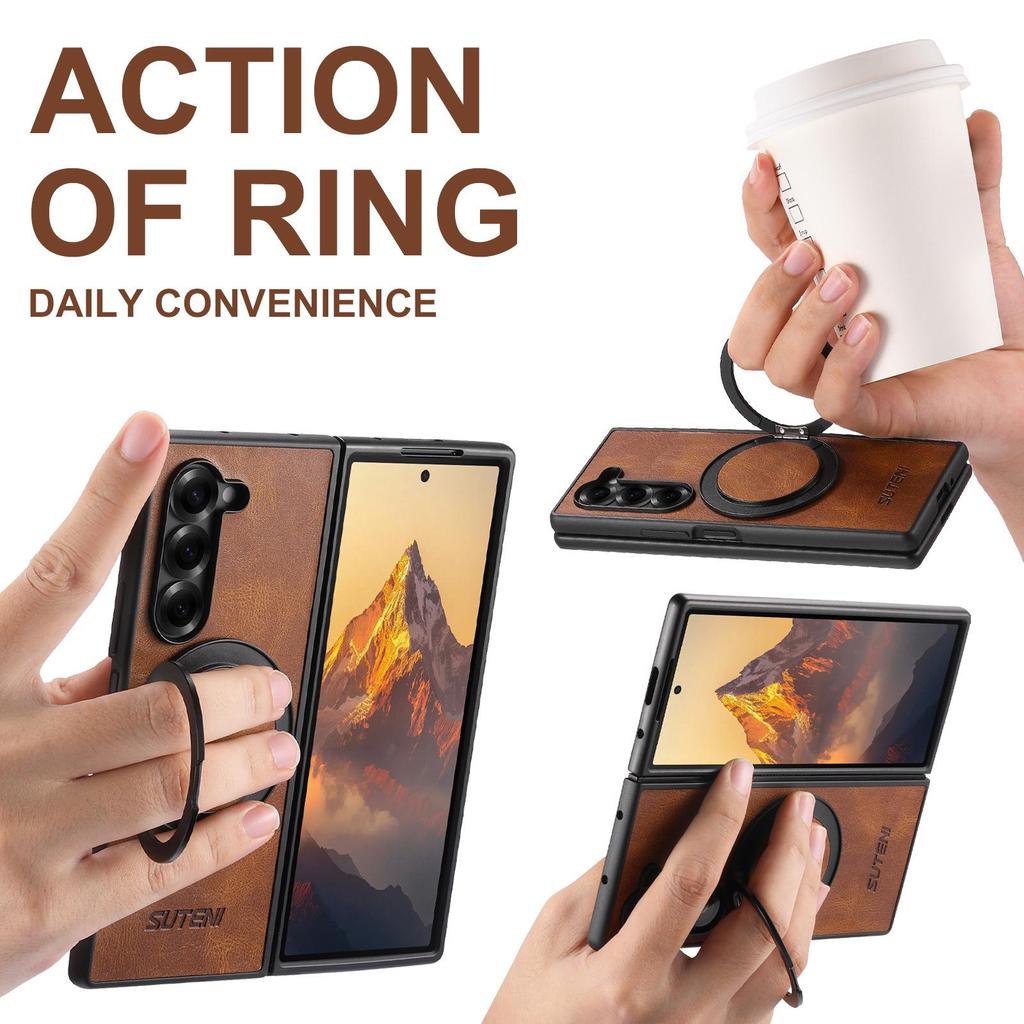 Магнитный кожаный чехол для Samsung Z Fold7/6/5 с вращающимся на 360° кольцом-подставкой