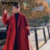 Women Fall Winter Korean Style Black Red Long Jacket Office Lady Loose Elegant Double-breasted Thick Cotton Woolen Coats