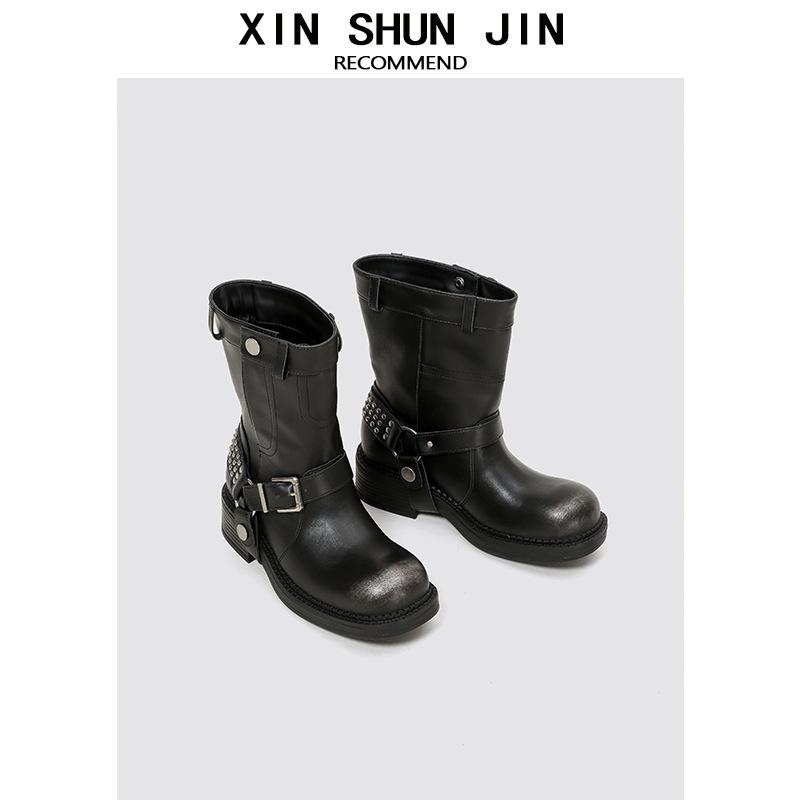Polished Coarse Heel Martin Boots Locomotive Style Black Simple Knight Boots Round Head Thick Sole Heightening Sleeve Female