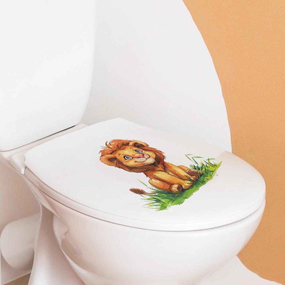 Playful Hand Painted Lion Cub in Grass Toilet and Wall Sticker Set Waterproof Self-Adhesive Removable Decal for Bathroom WC Decoration