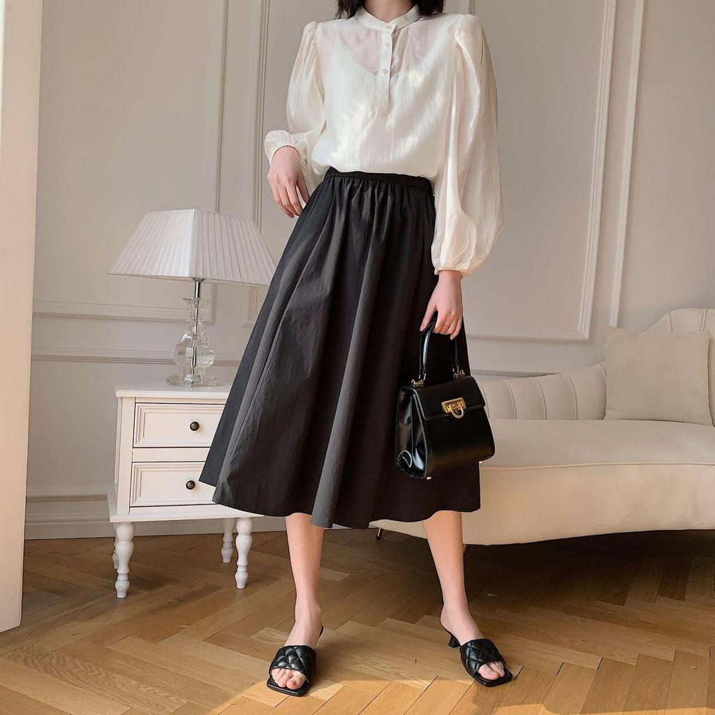 Новое поступление: Женская юбка А-силуэта с высокой талией из выстиранного хлопка - Свободная, повседневная, универсальная, в японском стиле, для весны и лета