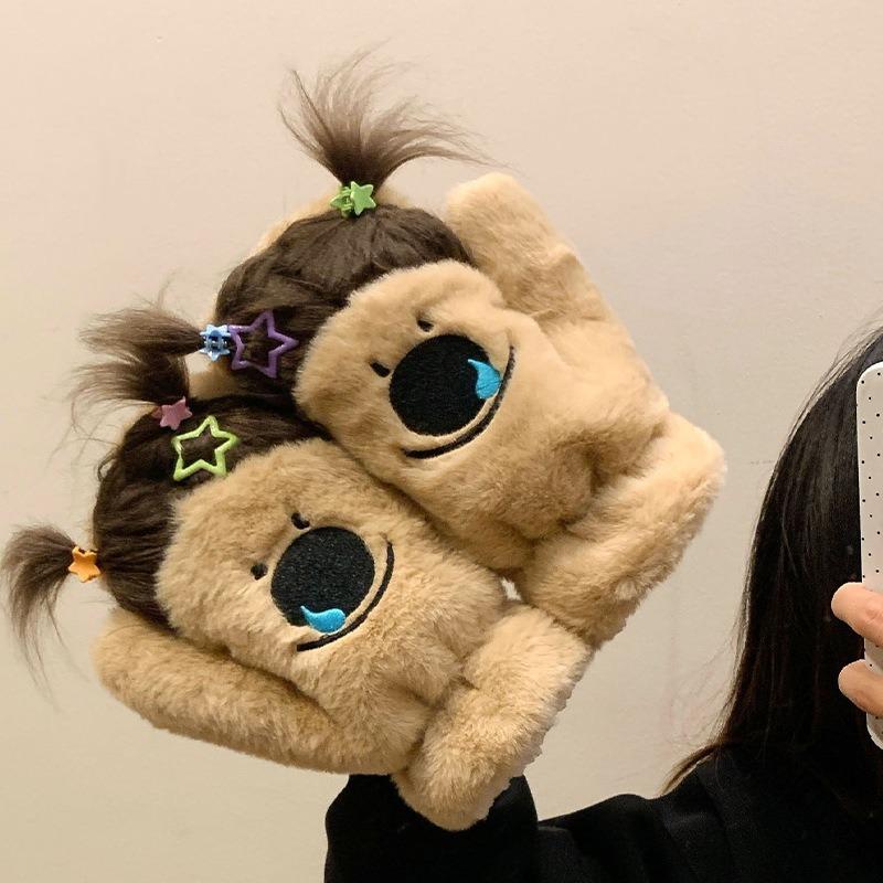 Funny Pigtails Plush Gloves Female Winter Cute Student Neck All-inclusive Finger Plush Warm Riding Cold