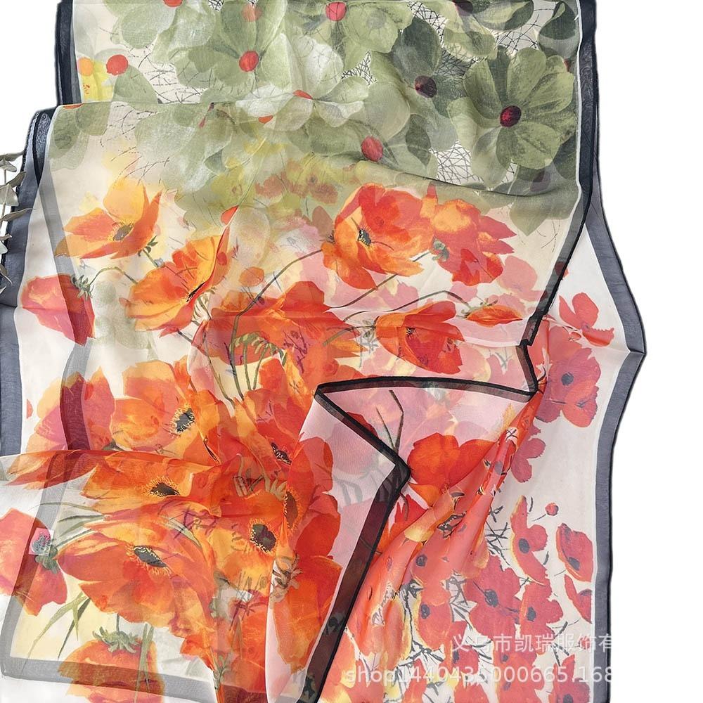 Новый длинный шелковый шарф с солнцезащитным кремом, тонкий искусственный шелк, весенне-летний женский шарф с принтом и украшением из жоржета