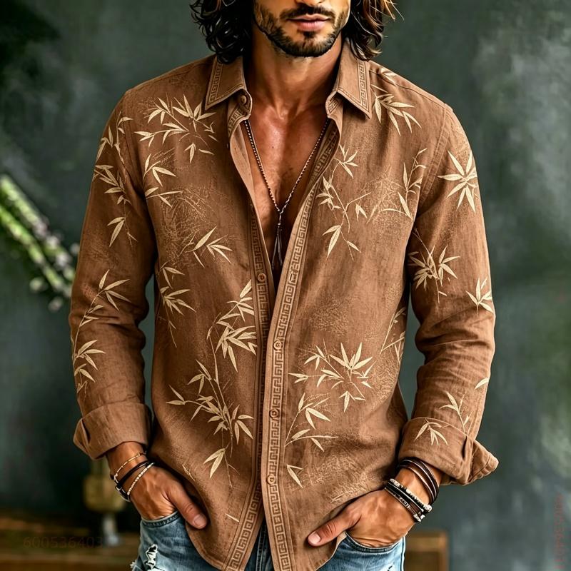 Men's Long Sleeved Shirt with Bamboo Leaf Pattern Full Printing, Daily Commuting, Travel, Vacation, Fashionable and Trendy Shirt