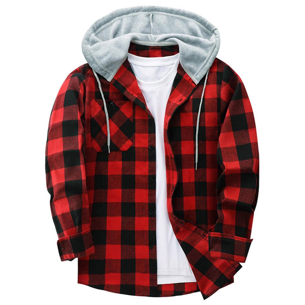  Plaid Pattern Men's Long Sleeve Hooded Shirt Jacket With Chest Pocket, Men's Casual Fall And Winter Coat