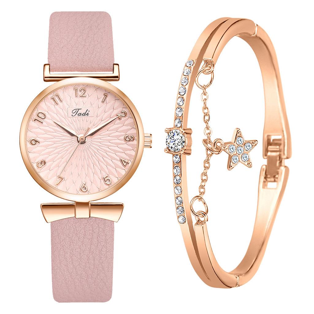 Hers Watch Sets Women Watch Top Brand Luxury Ladies Wristwatches Leather Strap Bracelet Quartz Watches for Women Pink Dial Clock
