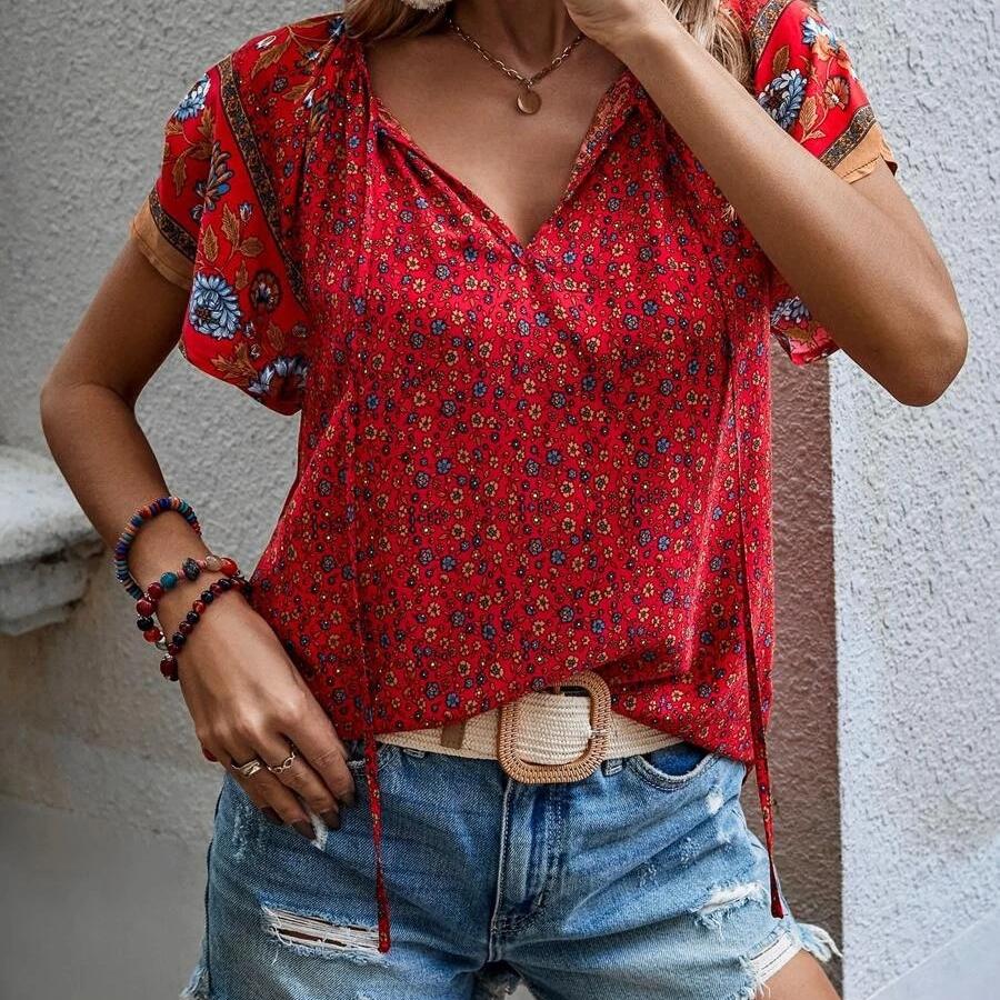 DAFIFY Женские винтажные богемные летние весенние повседневные свободные блузки и рубашки с цветочным узором и принтом с коротким рукавом и v-образным вырезом