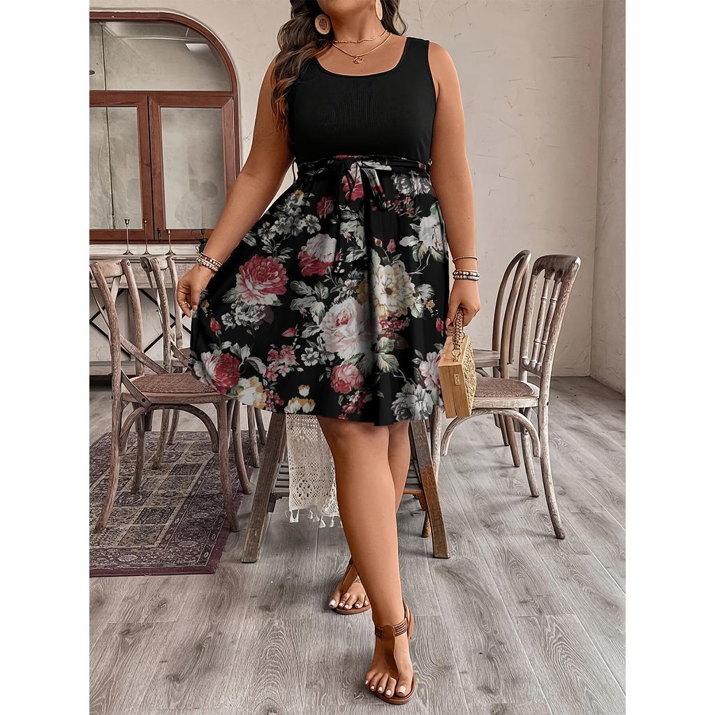 Женское модное повседневное платье без рукавов с цветным принтом и поясом большого размера