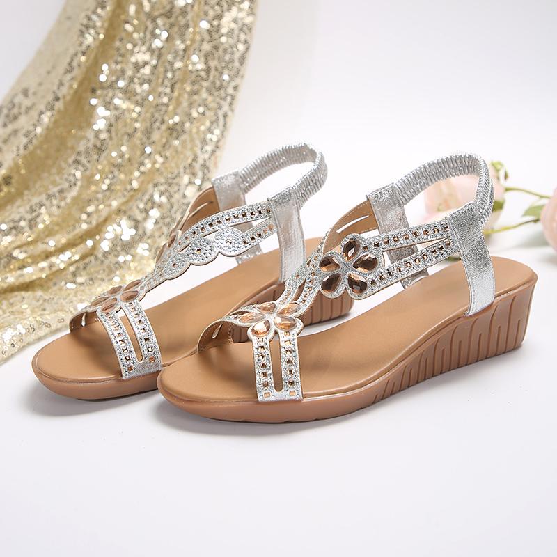 Bling Crystal Bohemian Sandals Women Summer Light Slip-On Wedges Sandalias Mujer Comfort Med Heels Non-Slip Beach Shoes Sandals