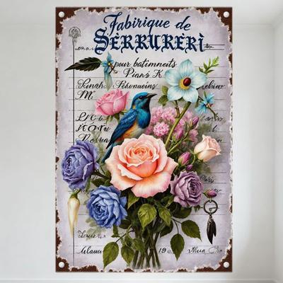 Винтажная металлическая жестяная табличка с цветами и птицей, текст 'Fabrique de SERRURERIE', декор адреса Парижа для дома, бара, мужской пещеры, ресторана